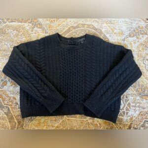 All saints heavy black cable knit wool sweater body fit swoop back with buttons